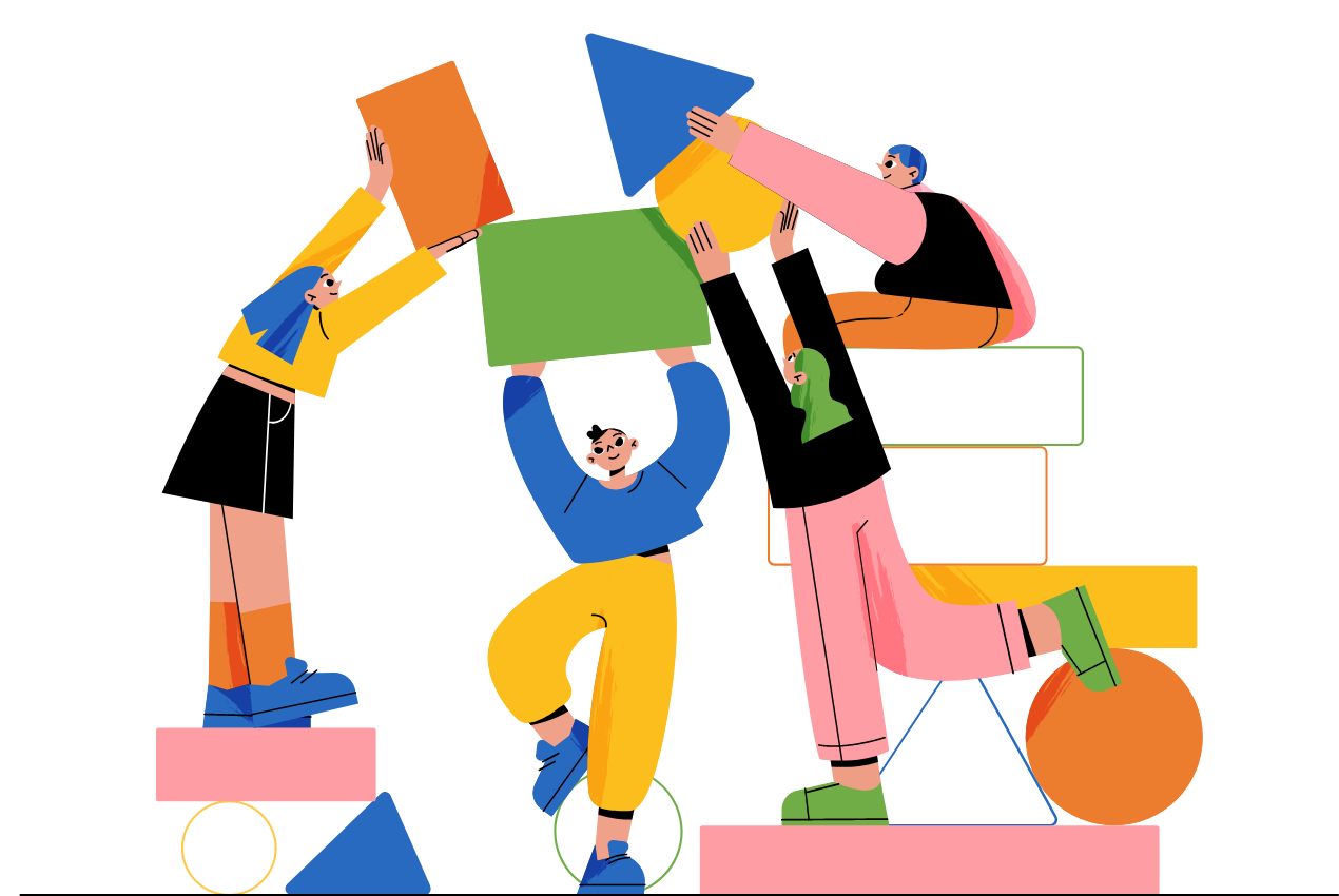 Illustration : plusieurs personnes assemblent ensemble des formes géométriques colorées.